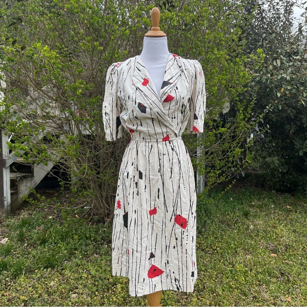 Vintage Melissa Lane Abstract Print Dress Size 10 Beige Red Black